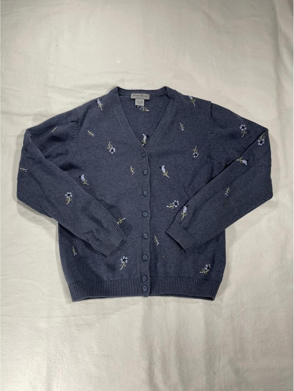 Eddie Bauer Cottage Core Grandma V Neck Cardigan Small blue floral Cotton